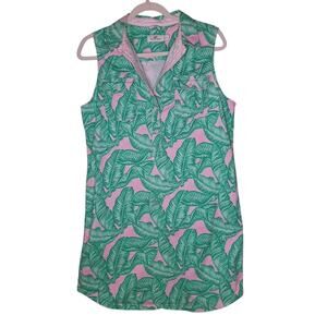 Vineyard Vines Banana Leaf Margo Shift Dress Pink Green Sleeveless Collared - 10